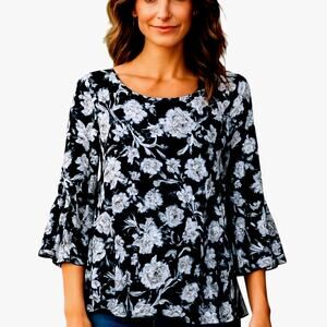 J M Collection Large Blue Women's Sleeve Top Shirt Blouse Miss Size 12 14 L